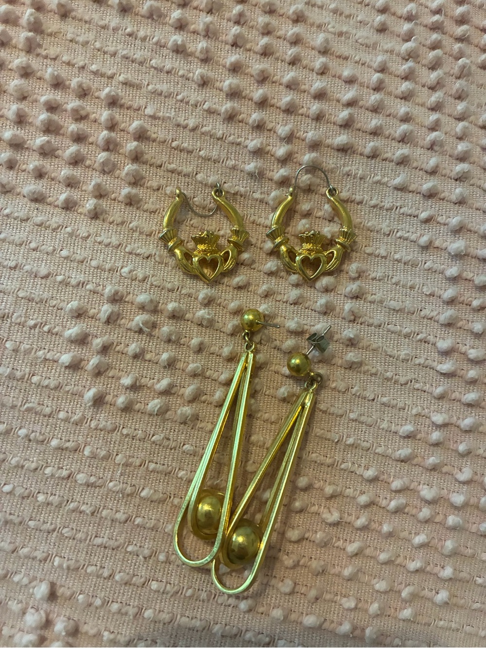 Vintage Gold Tone Heart Drop Earrings Set - Two Pairs Irish